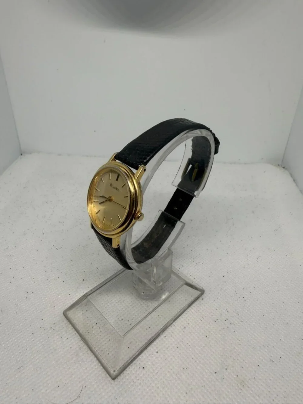 Vintage Bulova T7 Quartz Gold Tone Bezel Black Speidel Leather Women's Watch